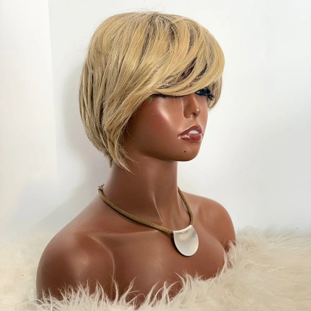 Womens Blonde Short Pixie Cut Bob Wig Side Swept Bangs Layered Hairpiece